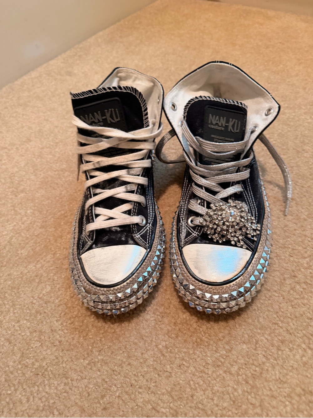 Free People Nan-my Black High-Top Studded Sneakers with Silver Embellishment